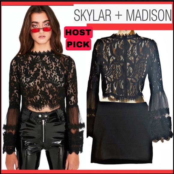 Sklar+Madison Tops - SKLAR+MADISON BLACK LACE LONG BELL SLEEVE CROP TOP